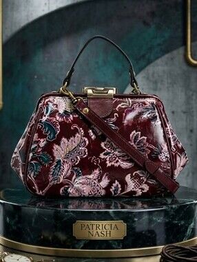 Patricia Nash Burgundy European Floral Tapestry Gracchi Satchel Leather